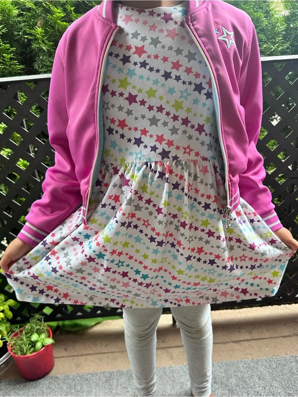American Girl Star Print Dress AND Hot Pink Satin Bomber Jacket Size Small (7/8)